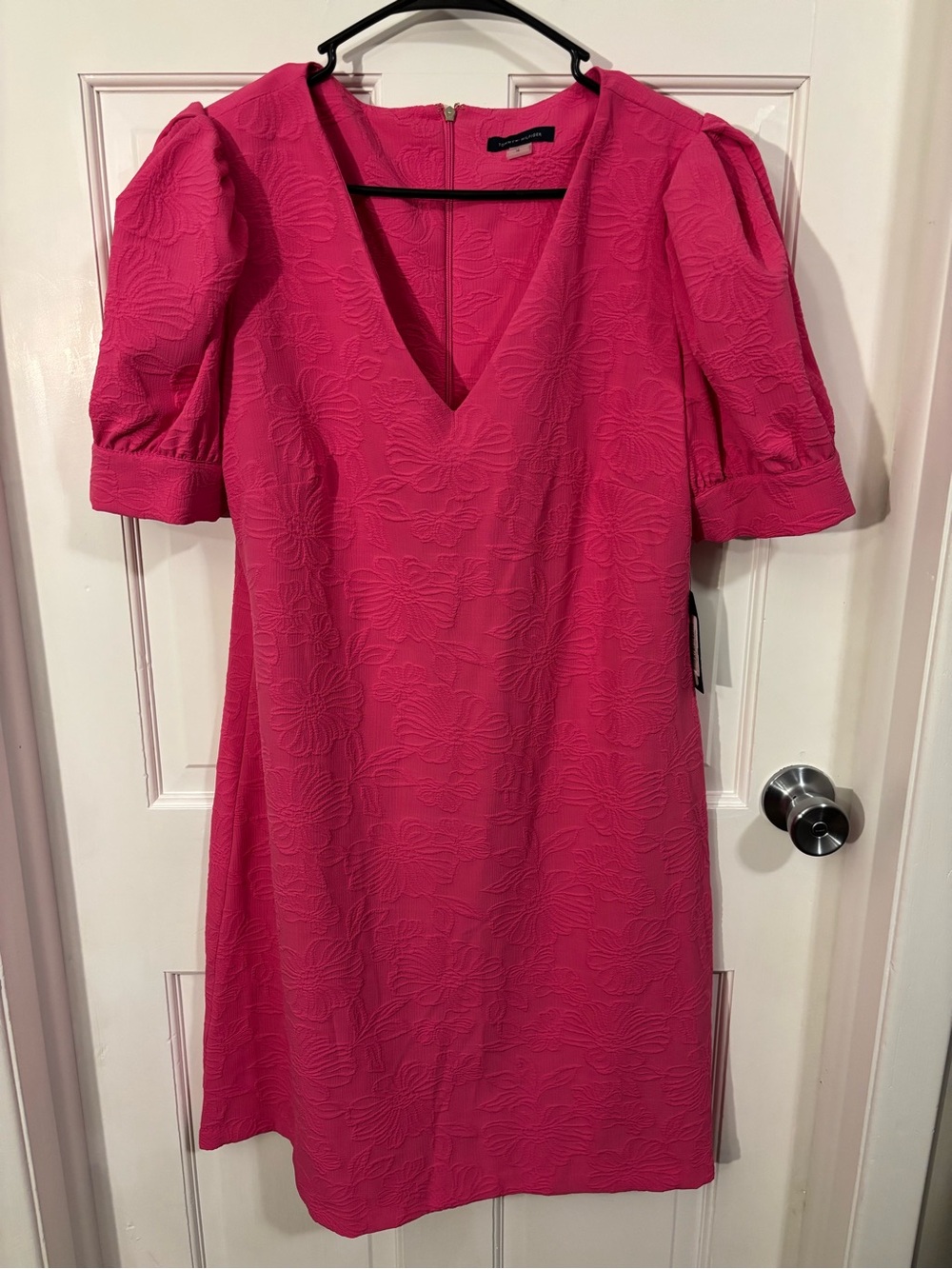 Tommy Hilfiger Fuchsia Textured V-Neck Puff Sleeve Midi Dress